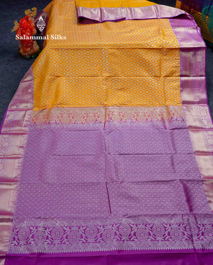 Beautiful Mustard Yellow Bridal Semi Silk Saree With Contrast Vadamalli Traditional Border