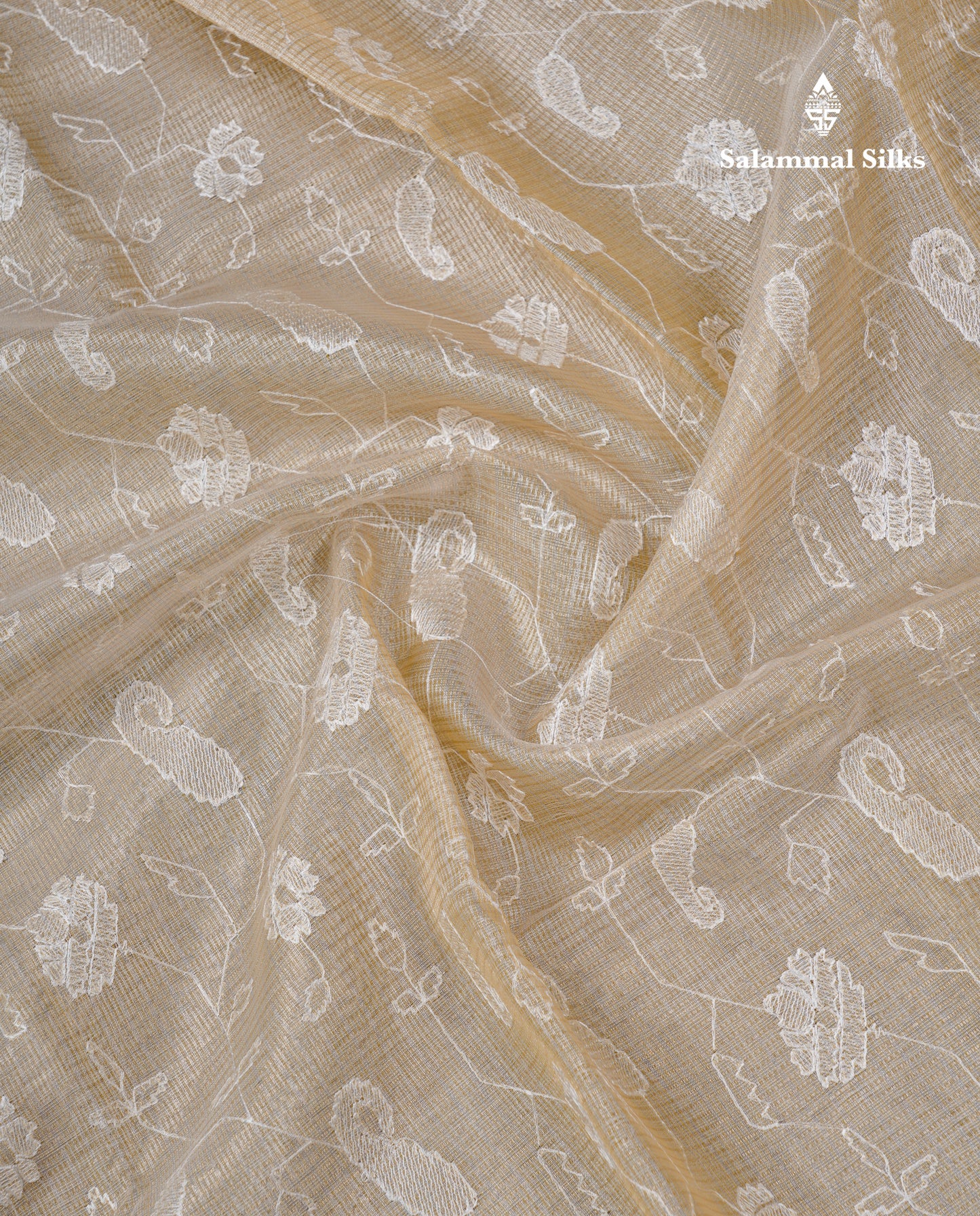 Light Grey Embroidery Work Silk Kota Fancy Saree With Gold Zari Border