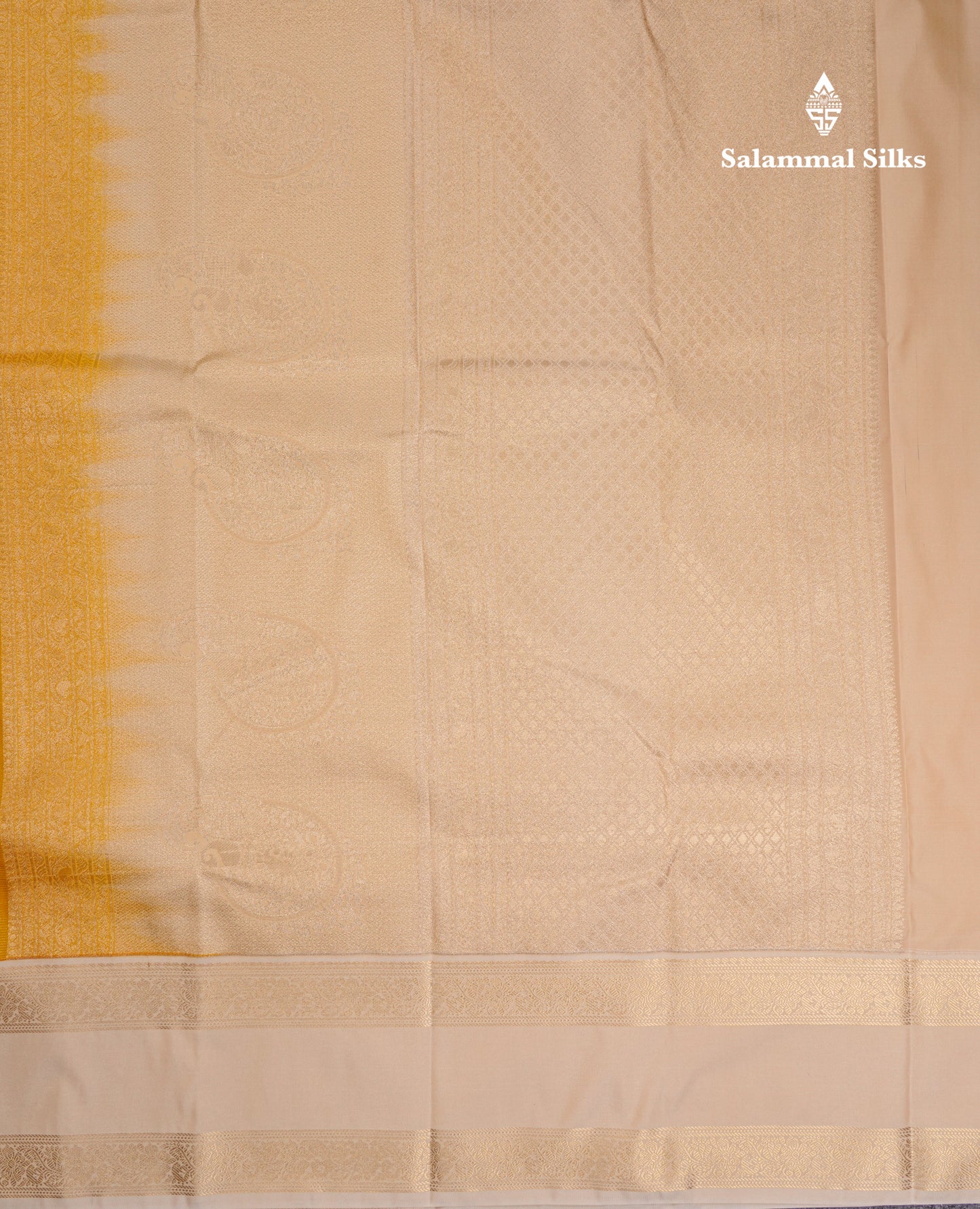 Beautiful Yellow Vaira Oosi With Butta Semi Silk Saree With Contrast Cream Sandal Traditional Rettapet Border