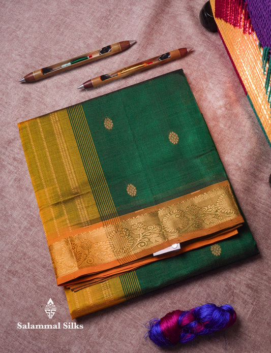 Bottle Green Traditional Vaira Oosi Butta Pure Silk Cotton Saree With Contrast Mustard Yellow Border