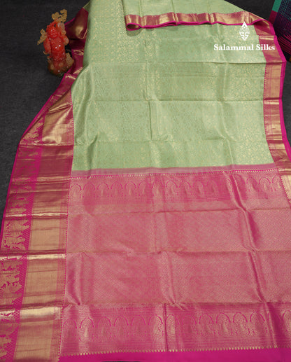 Beautiful Elaichi Green Bridal Pure Kanjivaram Silk Saree With Contrast Pink Traditional Pallaku Evening Morning Border