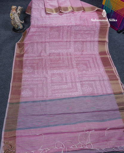 Onion Pink Embroidery Work Mixed Cotton Saree With Gold Zari Border