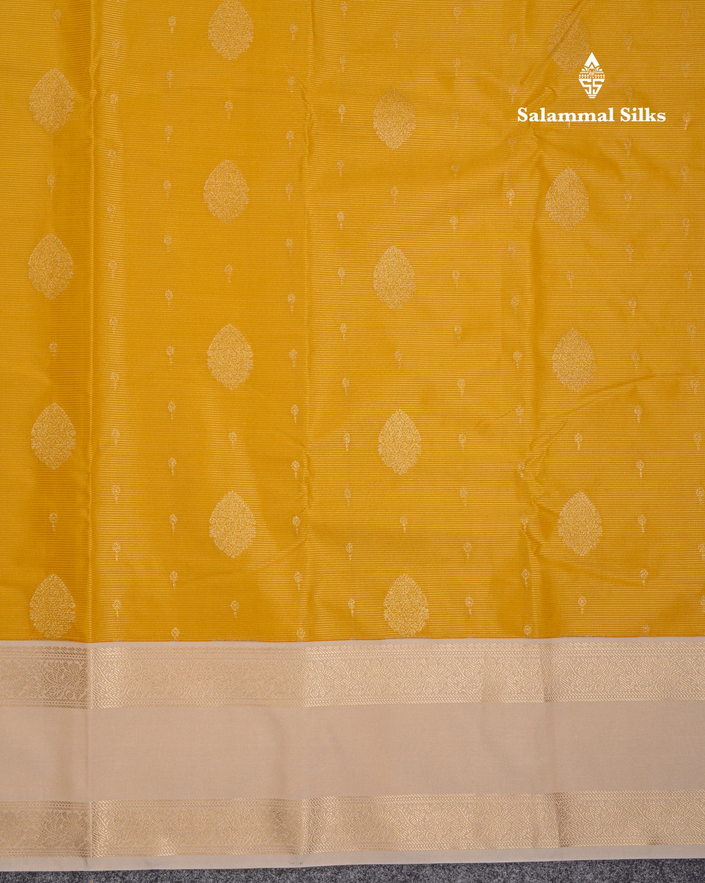 Beautiful Yellow Vaira Oosi With Butta Semi Silk Saree With Contrast Cream Sandal Traditional Rettapet Border