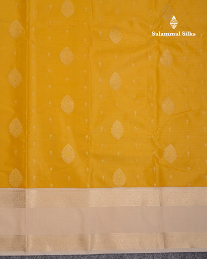 Beautiful Yellow Vaira Oosi With Butta Semi Silk Saree With Contrast Cream Sandal Traditional Rettapet Border