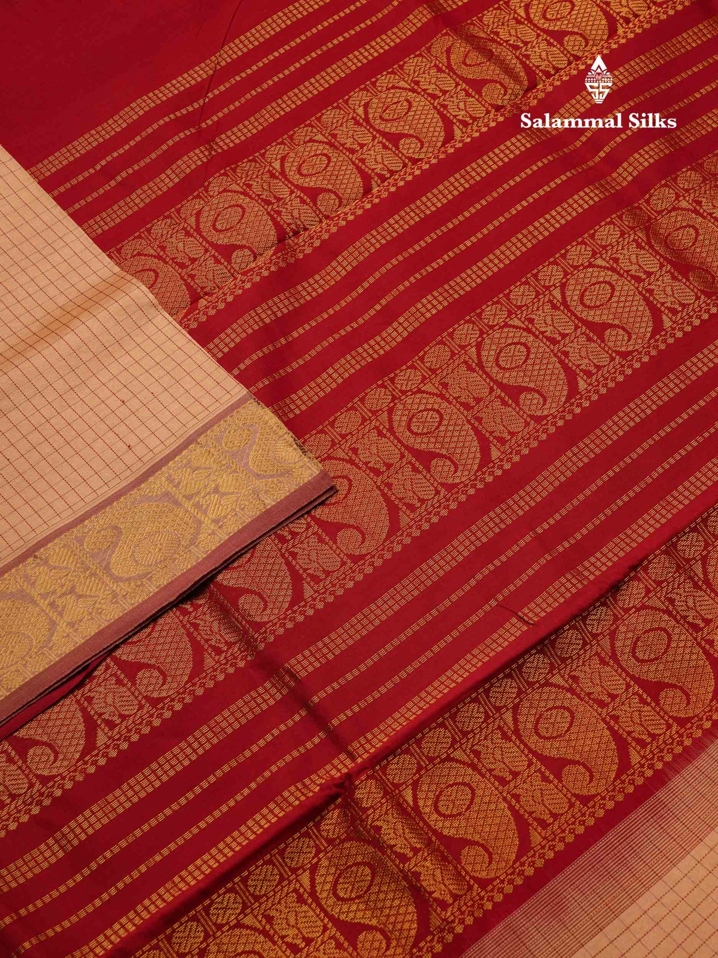 Beautiful Dark Sandal Small Checks Semi Silk Cotton Saree With Contrast Dark Maroon Blouse