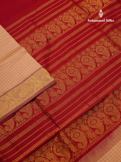 Beautiful Dark Sandal Small Checks Semi Silk Cotton Saree With Contrast Dark Maroon Blouse