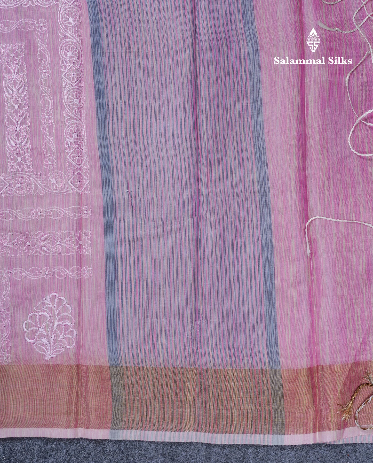 Onion Pink Embroidery Work Mixed Cotton Saree With Gold Zari Border