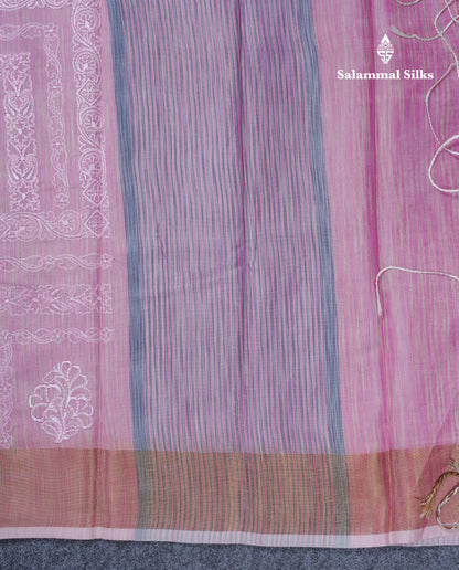 Onion Pink Embroidery Work Mixed Cotton Saree With Gold Zari Border
