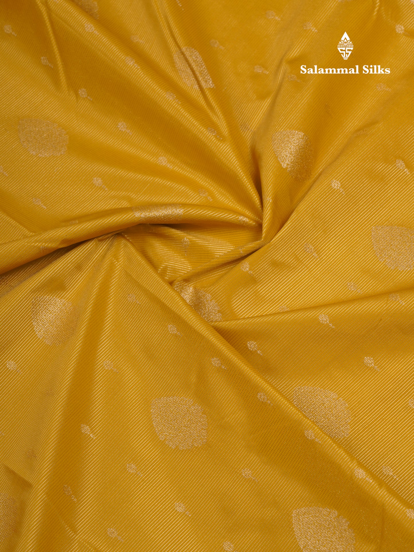 Beautiful Yellow Vaira Oosi With Butta Semi Silk Saree With Contrast Cream Sandal Traditional Rettapet Border