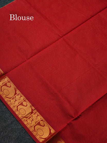 Beautiful Dark Sandal Small Checks Semi Silk Cotton Saree With Contrast Dark Maroon Blouse