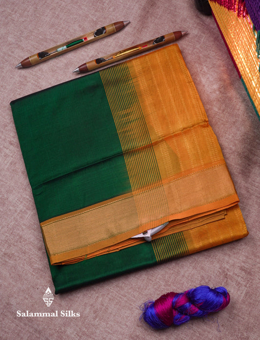 Bottle Green Plain Pure Silk Cotton Saree With Contrast Mustard Yellow Border