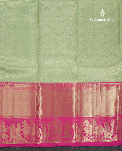 Beautiful Elaichi Green Bridal Pure Kanjivaram Silk Saree With Contrast Pink Traditional Pallaku Evening Morning Border