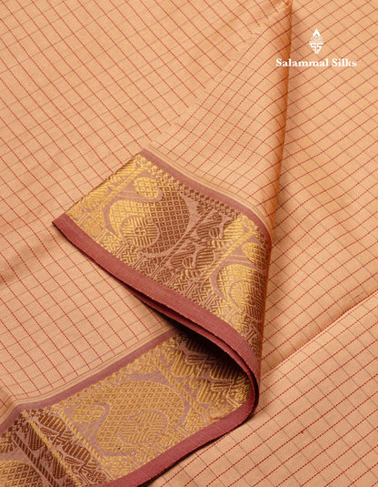 Beautiful Dark Sandal Small Checks Semi Silk Cotton Saree With Contrast Dark Maroon Blouse