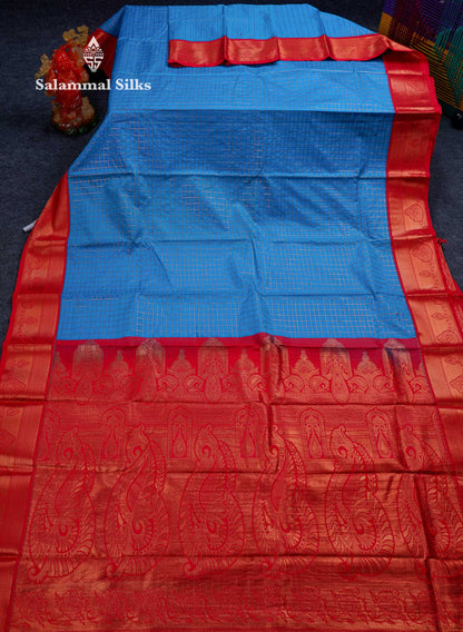 Beautiful Blue Small Zari Checks Semi Silk Saree With Contrast Chilly Red Traditional Border