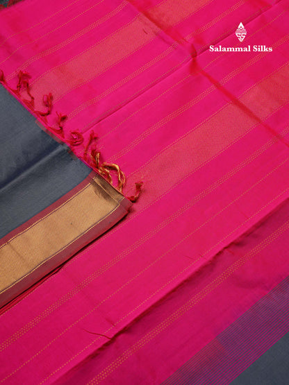 Dark Grey Plain Semi Silk Cotton Saree With Contrast Pink Blouse