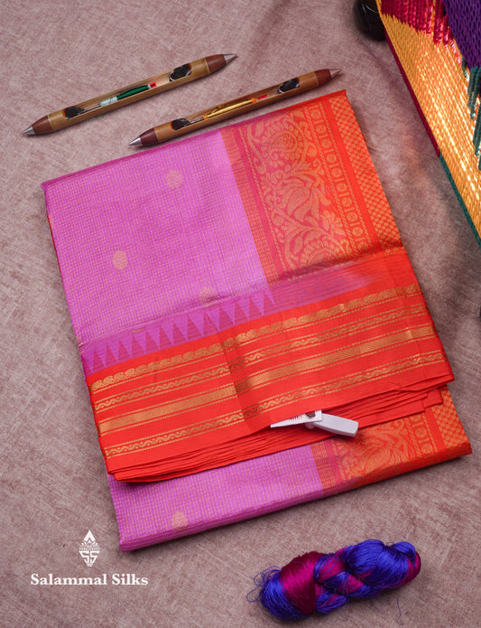Lavender Tiny Zari Checks Pure Silk Cotton Saree With Contrast Orange Traditional Border
