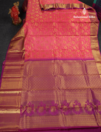 Beautiful Light Pink Bridal Pure Kanjivaram Silk Saree With Contrast Vadamalli Traditional Evening Morning Border