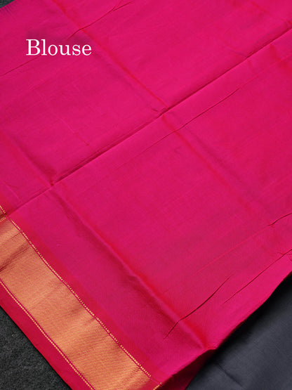 Dark Grey Plain Semi Silk Cotton Saree With Contrast Pink Blouse