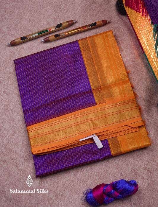Violet Tiny Checks Pure Silk Cotton Saree With Contrast Mustard Yellow Traditional Border