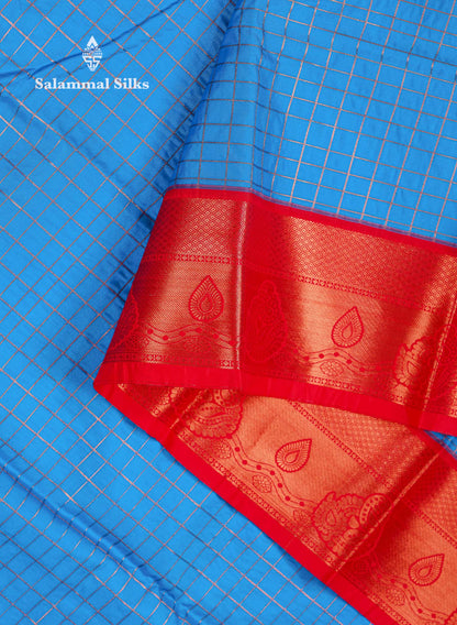 Beautiful Blue Small Zari Checks Semi Silk Saree With Contrast Chilly Red Traditional Border