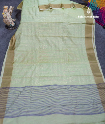 Onion Pink Embroidery Work Mixed Cotton Saree With Gold Zari Border