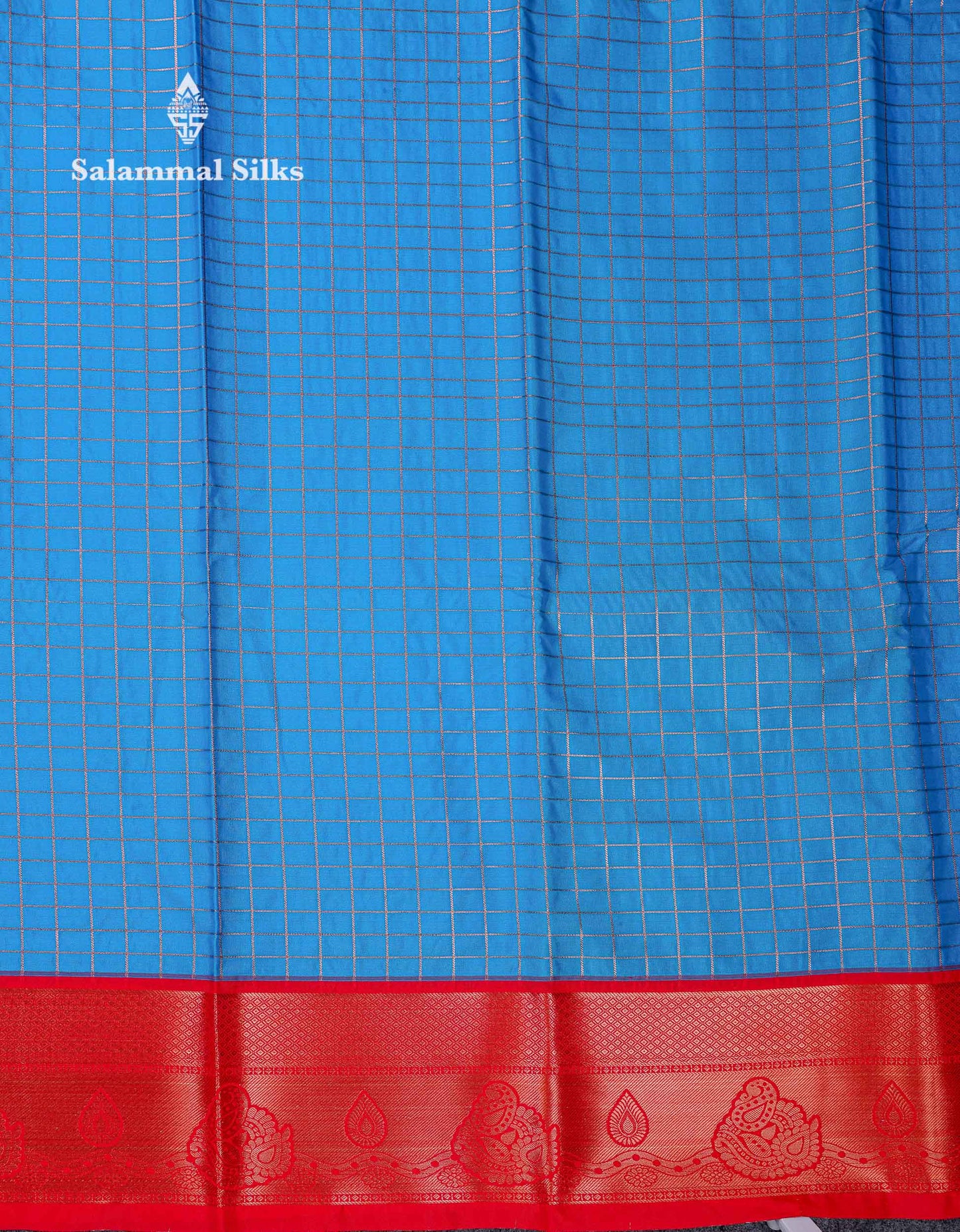 Beautiful Blue Small Zari Checks Semi Silk Saree With Contrast Chilly Red Traditional Border