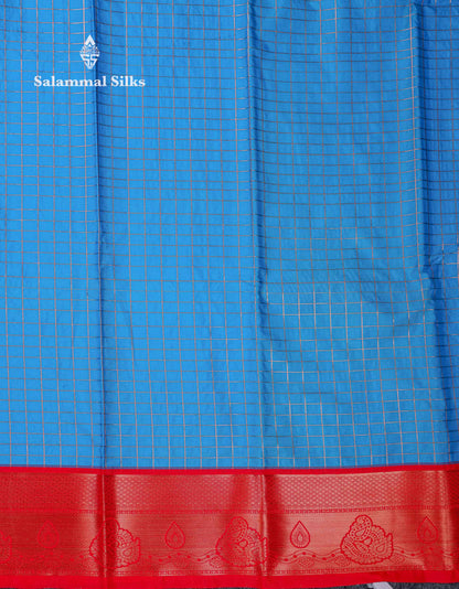 Beautiful Blue Small Zari Checks Semi Silk Saree With Contrast Chilly Red Traditional Border