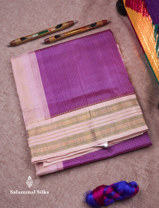 Pastel Violet Tiny Checks Pure Silk Cotton Saree With Contrast Light Pink Traditional Border