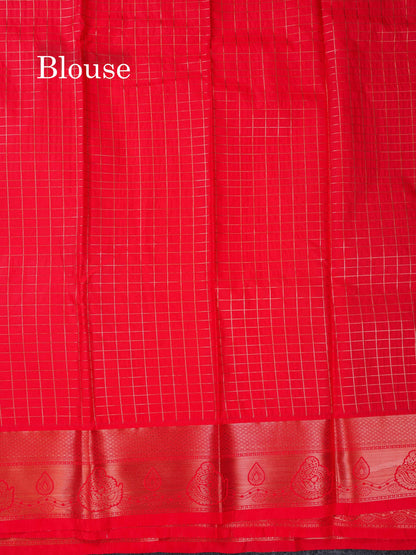 Beautiful Blue Small Zari Checks Semi Silk Saree With Contrast Chilly Red Traditional Border