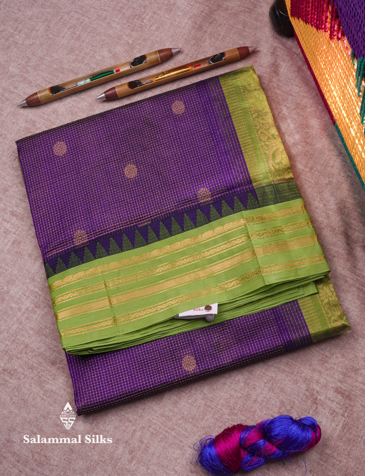 Violet Tiny Zari Checks Pure Silk Cotton Saree With Contrast Parrot Green Border