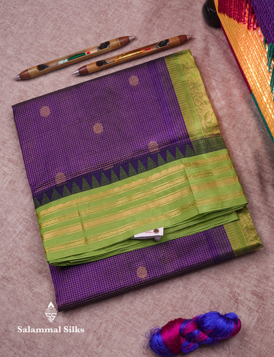 Violet Tiny Zari Checks Pure Silk Cotton Saree With Contrast Parrot Green Border