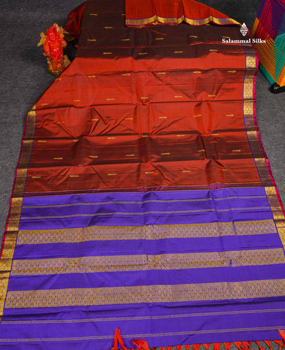 Pure Kanjivaram Silk Saree - Dark Maroon Colour Body Zari Butta With Contrast Violet Small Border