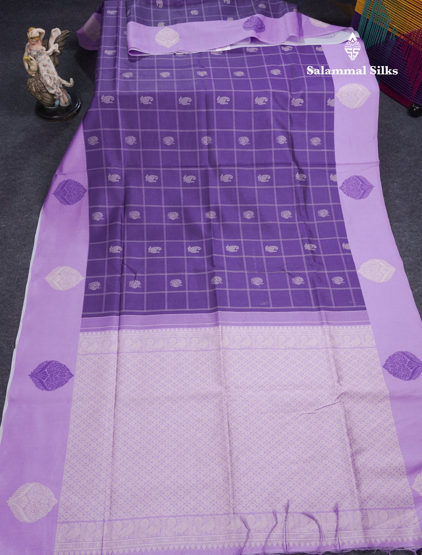 Rama Blue Checks With Butta Semi Tussar Saree With Contrast Sky Blue Fancy Border