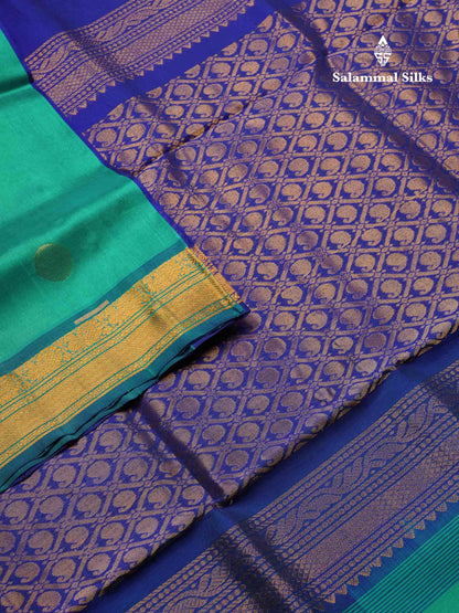 Beautiful Sapphire Green Semi Silk Cotton Saree With Contrast Royal Blue Blouse