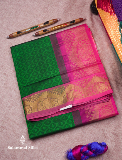 Beautiful Bottle Green Empose Design Pure Silk Cotton Saree With Gold Zari Borer
