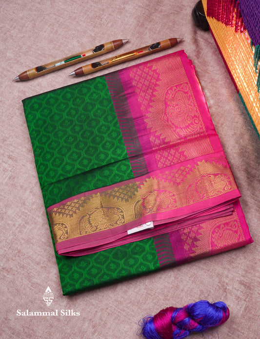 Beautiful Bottle Green Empose Design Pure Silk Cotton Saree With Gold Zari Borer
