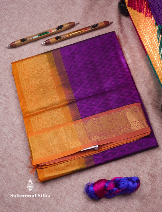 Beautiful Violet Emboss Design Pure Silk Cotton Saree With Gold Zari Border