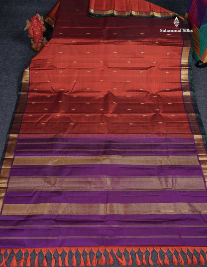 Pure Kanjivaram Silk Saree - Rust Orange Colour Body Zari Butta With Contrast Dark Purple Small Border