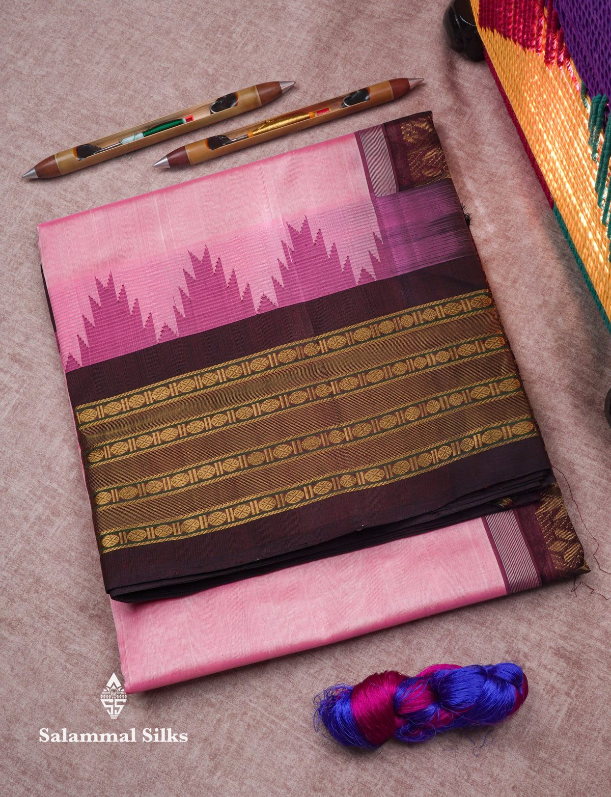 Baby Pink Pure Silk Cotton Saree With Contrast Dark Brown Traditional Temple Border