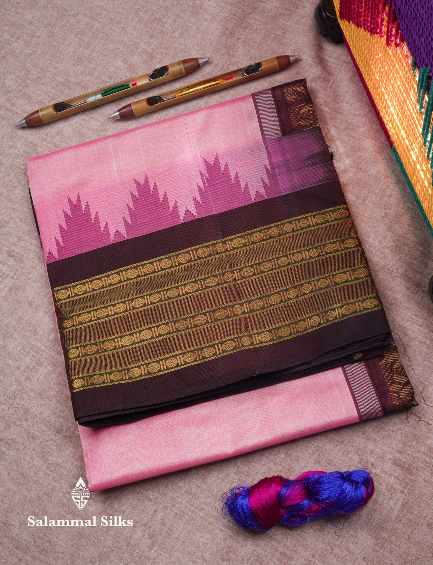 Baby Pink Pure Silk Cotton Saree With Contrast Dark Brown Traditional Temple Border