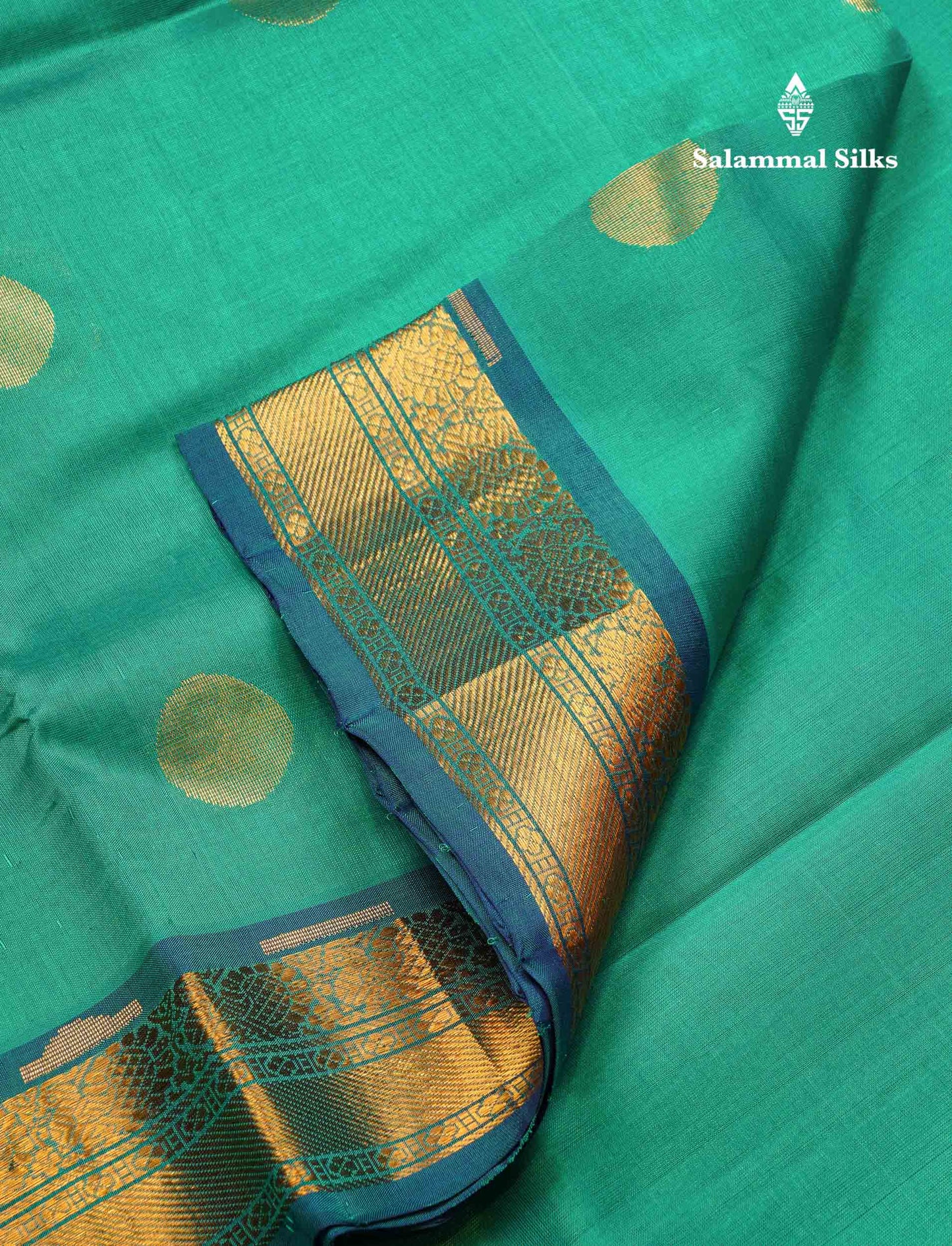 Beautiful Sapphire Green Semi Silk Cotton Saree With Contrast Royal Blue Blouse