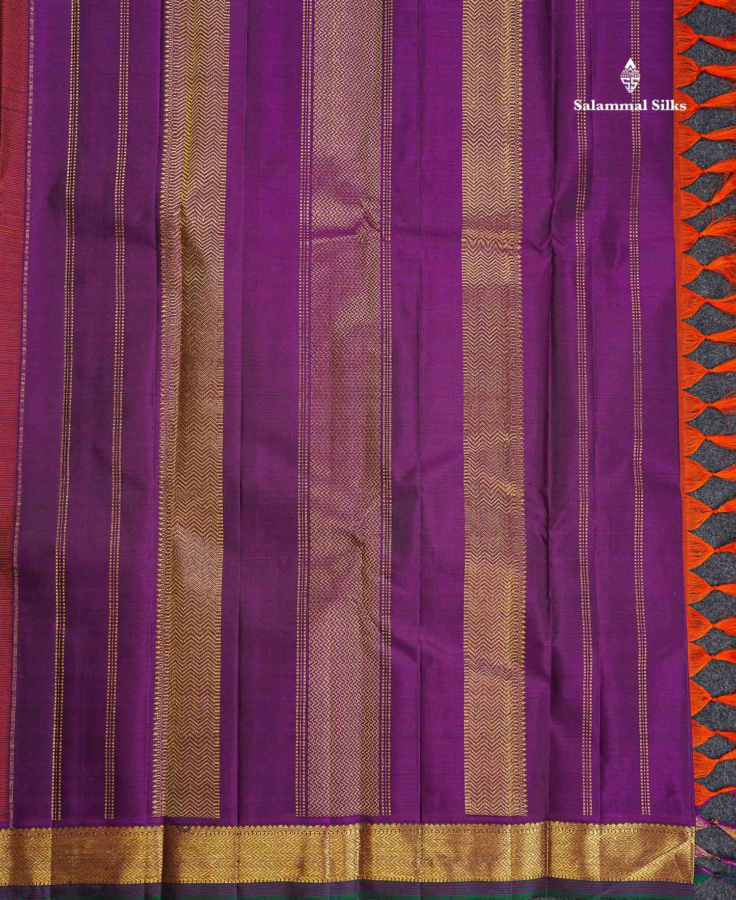Pure Kanjivaram Silk Saree - Rust Orange Colour Body Zari Butta With Contrast Dark Purple Small Border