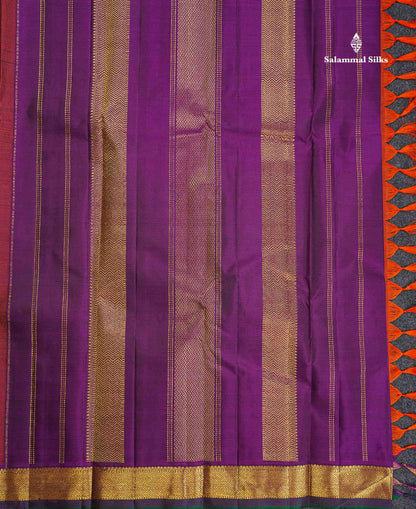 Pure Kanjivaram Silk Saree - Rust Orange Colour Body Zari Butta With Contrast Dark Purple Small Border