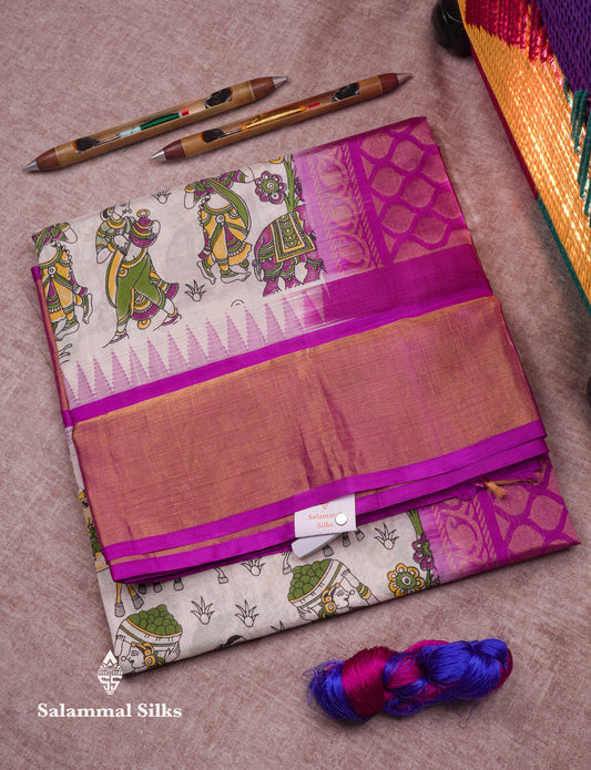 White Printed Pure Silk Cotton Saree With Contrast Vadamalli Traditional Temple Border