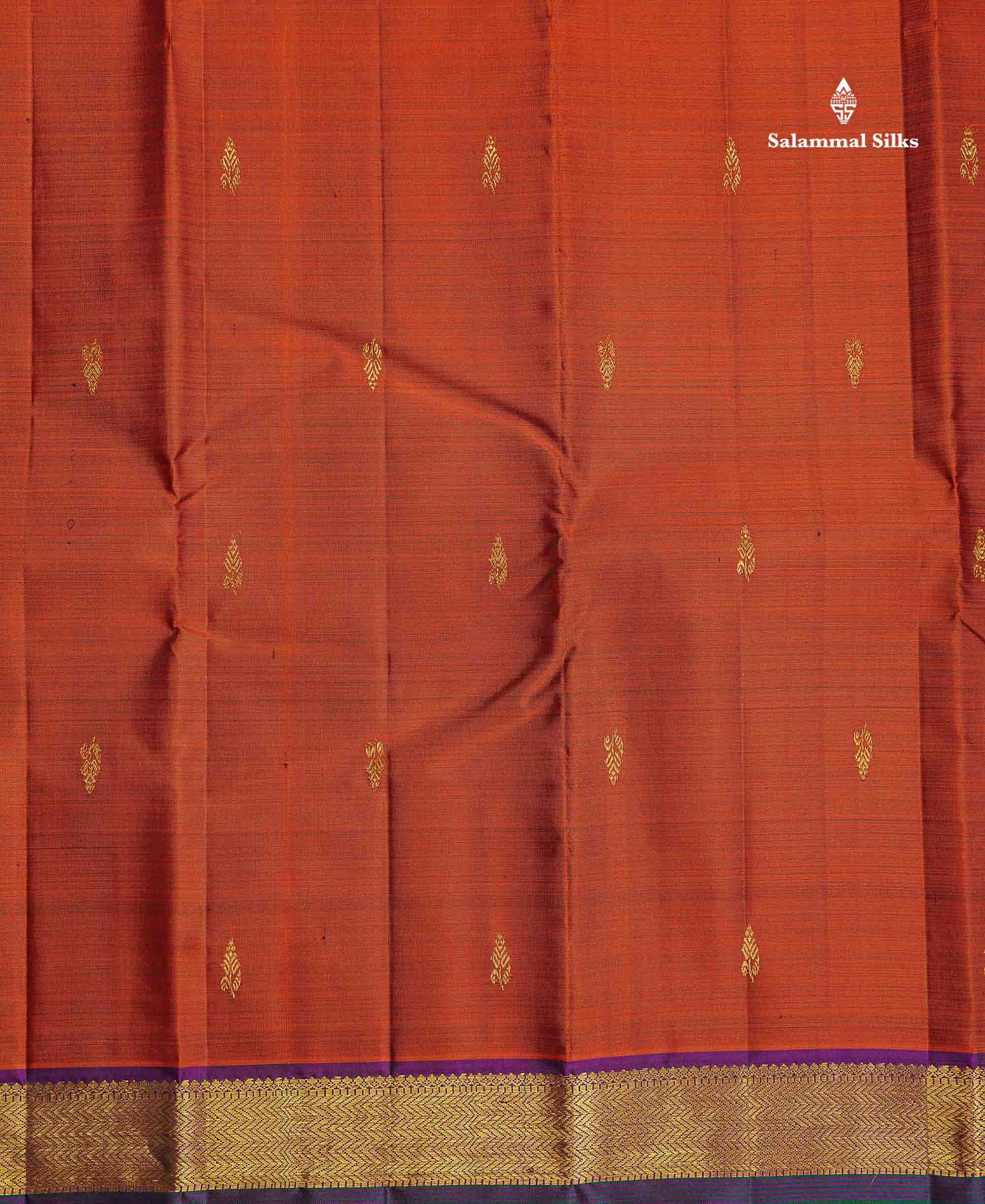 Pure Kanjivaram Silk Saree - Rust Orange Colour Body Zari Butta With Contrast Dark Purple Small Border