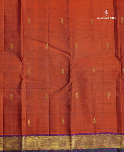 Pure Kanjivaram Silk Saree - Rust Orange Colour Body Zari Butta With Contrast Dark Purple Small Border