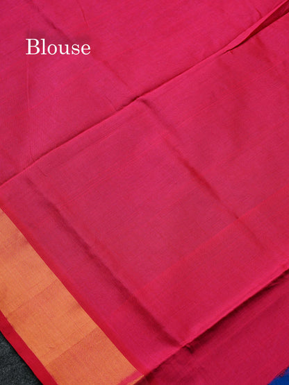 Beautiful Navy Blue Semi Silk Cotton Saree With Contrast Pink Blouse