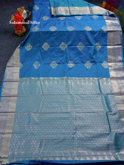Beautiful Dual Tone Peacock Blue Zari Butta Semi Silk Saree With Traditional Border