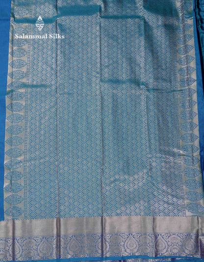 Beautiful Dual Tone Peacock Blue Zari Butta Semi Silk Saree With Traditional Border