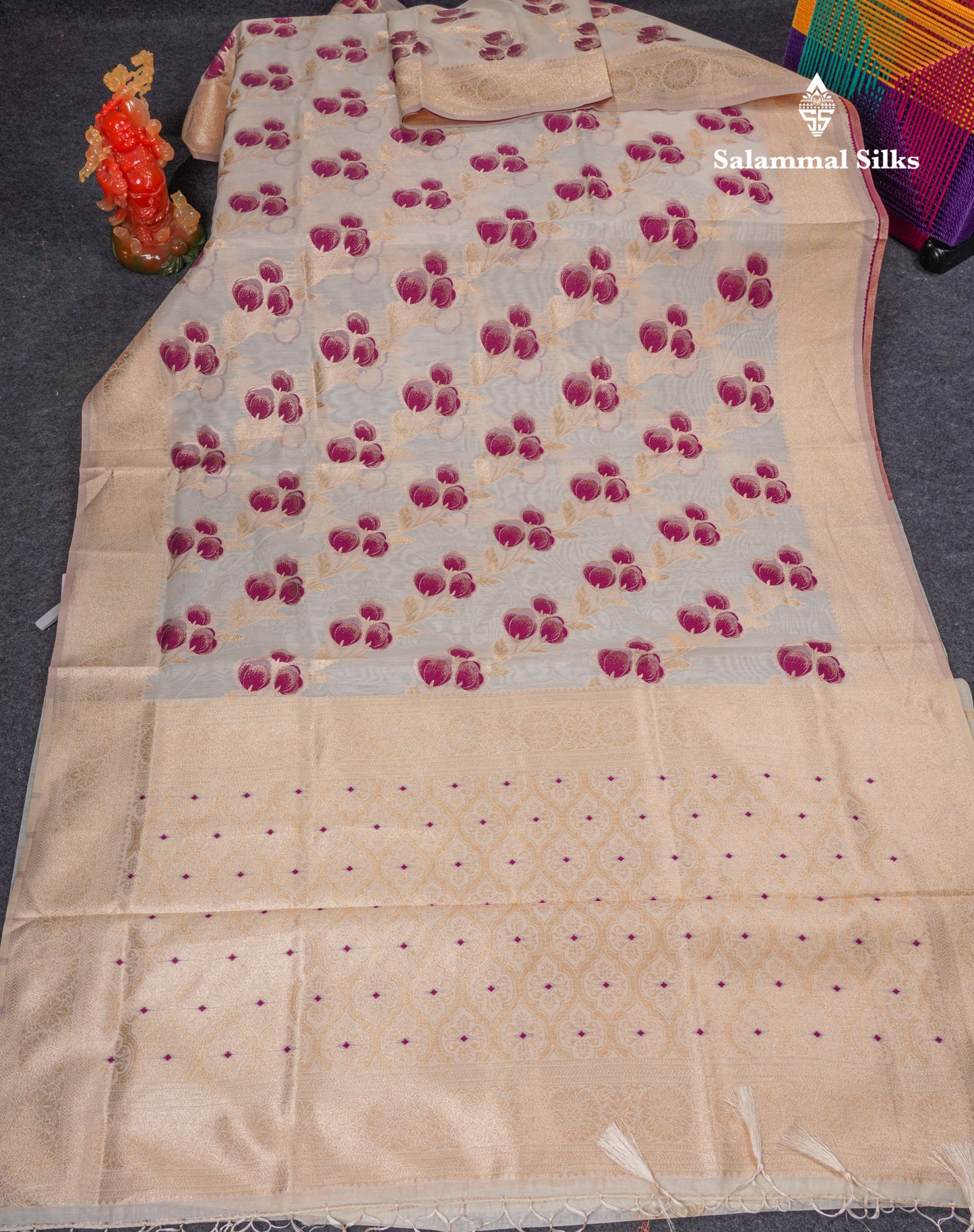 Beautiful Half White Navy Blue Meenakari Work Cotton Mix Saree With Fancy Border